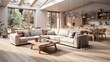 © Muzaffer Stock - Interior design of modern scandinavian apartment, living room and dining room. Created with generative AI.