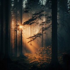 Sticker - sunlight shining through the trees in a forest with grass on the ground