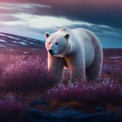 Poster - a polar bear walking through purple and blue vegetation in the middle of the field