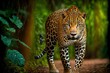 a leopard walking on a forest path in the wild,