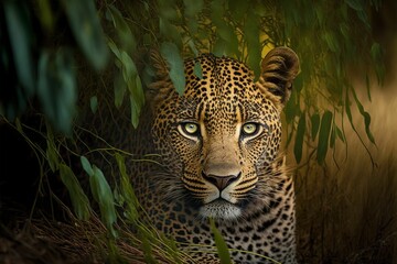 Poster - a leopard standing under some tall branches with its eyes open