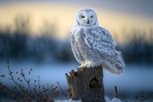 An Owl Perched On A Log In The Snow By Water