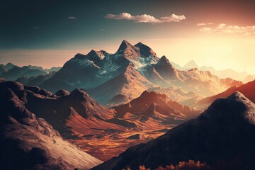  a mountain scene with the sun setting in the background and mountains