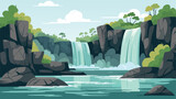 Fototapeta  - Cartoon Waterfall Landscape Background Card Poster Flat Design Nature Scene Adventure Travel. illustration