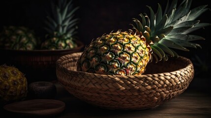  Closeup Pineapple Fruits in a bamboo basket with blur background