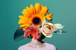 Woman portrait with summer flowers covered face head modern conceptual poster in mas surrealism style illustration. Generative Ai