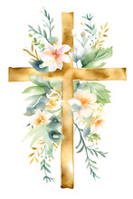 Golden Religious Cross With Flowers Greenery Around Watercolor Pastel Paint Art Illustration. Generative Ai