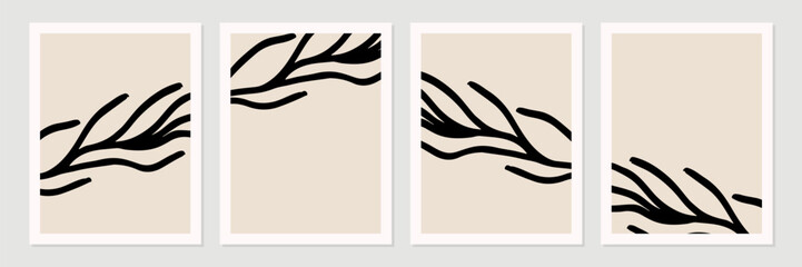 Aufkleber - Set of abstract organic shapes, leaves, lines and textures in black on neutral nude and beige background. 
Pattern in minimalist style. Modern contemporary art. Vector illustration.
