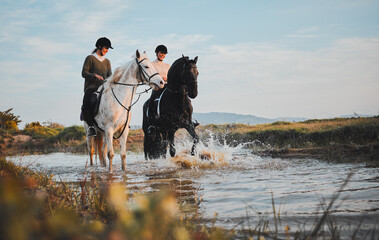 Sticker - Horse riding, friends and women at lake in countryside with outdoor mockup space. Equestrian, happy girls and animals in water, nature and adventure, travel and journey for summer vacation together.