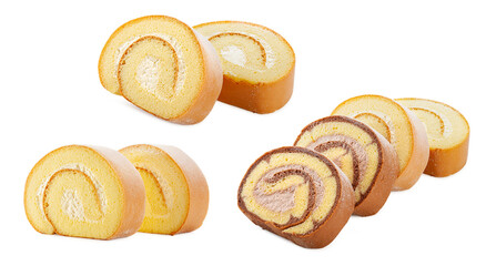 Wall Mural - Swiss cream roll cake slices isolated on white background.