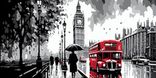 Oil Painting On Canvas, Street View Of London In Black And White With A Red Bus Artwork