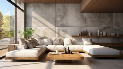 Modern interior design of living room with white sofa, coffee table, soft stucco wall. Created with generative AI.