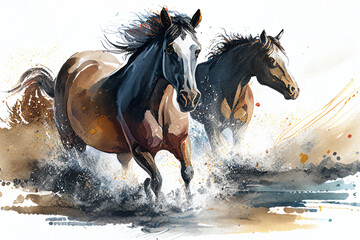 Naklejka na meble Watercolour abstract animal painting of brown horses running through a river which could be used as an equine poster or flyer, computer Generative AI stock illustration image