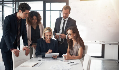 Aufkleber - Happy business people, meeting with collaboration and tablet, planning ideas on project proposal or feedback. Teamwork, strategy and b2b workshop, men and women for target management in modern office