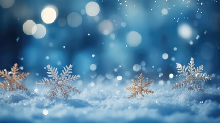 Blurred blue snow scene, blue glitter texture christmas with light snow background