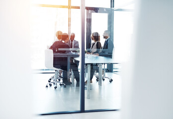 Poster - project management, planning and meeting with business people in office for teamwork, review and bra