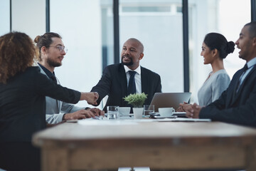 Poster - Business meeting, shaking hands people or manager partnership, lawyer agreement and thank you, success or deal. Corporate woman, clients or employees handshake for thanks, negotiation and law firm