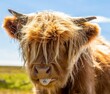 Of a Highland cattle with its distinctive long horns and furry coat, happily sticking its tongue out