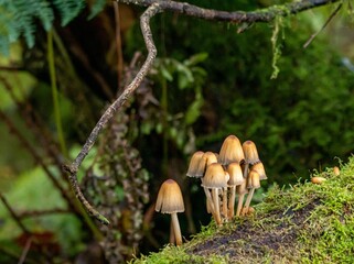 Wall Mural - Cluster of mushrooms growing on a branch in a natural setting