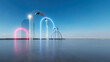 3d render of abstract futuristic arch architecture with neon light and empty concrete floor.