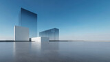 3d render of abstract futuristic glass architecture with empty concrete floor.