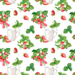 Wall Mural - Seamless pattern with red strawberries on a white background. Watercolor illustration for textile, wrapping paper. Bright background with farm ripe berries.
