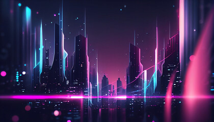 Abstract futuristic background with pink blue glowing neon city high speed city lines and bokeh lights. Data transfer concept Fantastic wallpaper Ai generated image