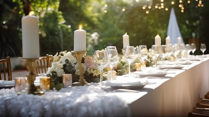 Wall Mural - Shot of an elegantly decorated table at a wedding reception created with Generative AI 