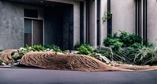 Photo Of A Unique Sculpture Of A Car Made Entirely Out Of Sticks, Displayed On A Walkway Surrounded By Wood, Stone, And Marble