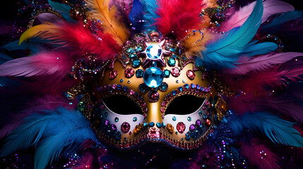 Carnival Party - Venetian Mask With Abstract Defocused Bokeh Lights On Shiny Streamers created with Generative AI 