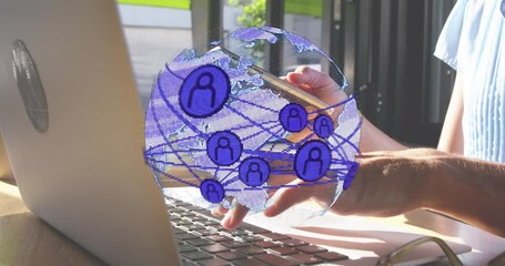 Poster - Animation of connected profile icons in globe, caucasian woman using cellphone and laptop