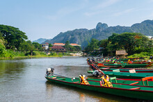 Views Of Nam Song River And Vang Vieng Town At Background, Laos 