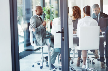 Poster - business meeting, manager with planning for discussion in boardroom at company for feedback with suc