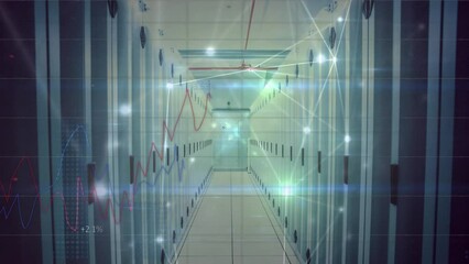 Poster - Animation of multiple graphs with changing numbers over connected dots against server room