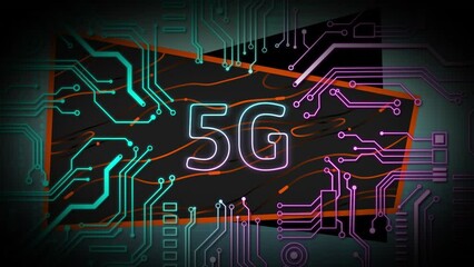 Poster - Animation of circuit board pattern around 5g text over rectangle against computer language