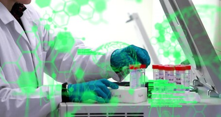 Poster - animation of computer language, brain over biracial researcher placing test-tubes in machine