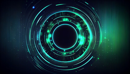 Wall Mural - Abstract futuristic background with green blue glowing neon moving high speed round round lines and bokeh lights. Data transfer concept Fantastic wallpaper Ai generated image