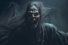 Close Up Of Zombie Screaming In Dark Foggy Scene, Horror Art 