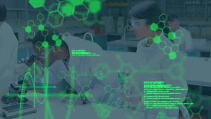 Poster - Animation of computer language, hexagons, diverse scientists examining sample using microscope