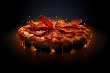 A pepperoni pizza with a golden halo on it floating on a very dark space background look so yummy