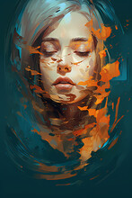 Illustrative Art Distort Mirror Images Of Beautiful Girl Closing Eyes Surround By Orange Liquid Like Whirlpool
