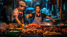Vendor Selling Street Food At Night In Local Market, South-east Asia Travel, Blogger, Local Life 