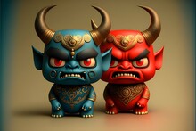 Create Two Highly Detailed And Expressive Japanese Demons Oni Using The Latest 3D Modeling And Texturing Techniques The Demons Should Be Positioned On Opposite Sides Of The Image With One Demon In 
