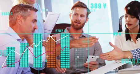Poster - Animation of statistical data processing against diverse businessmen shaking hands at office
