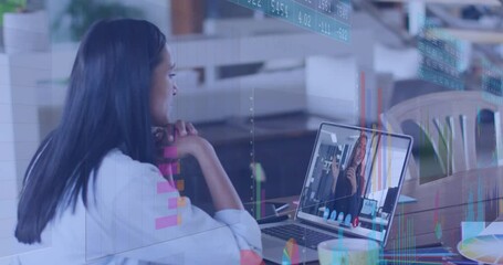 Poster - Animation of statistical data processing over biracial woman having a videocall on laptop at office