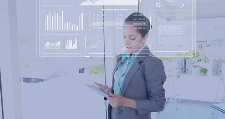 Poster - Animation of data processing against biracial businesswoman using digital tablet at office