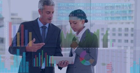 Poster - Animation of data processing over diverse businessman and businesswoman discussing at office
