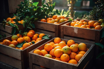 Sticker - oranges in boxes, created by a neural network, Generative AI technology