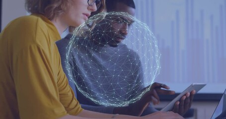 Poster - Animation of globe of network of connections over caucasian woman using laptop at office