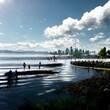 seawall Vancouver along Stanley Park high tide people walking ocean sun realistic unreal engine 5 